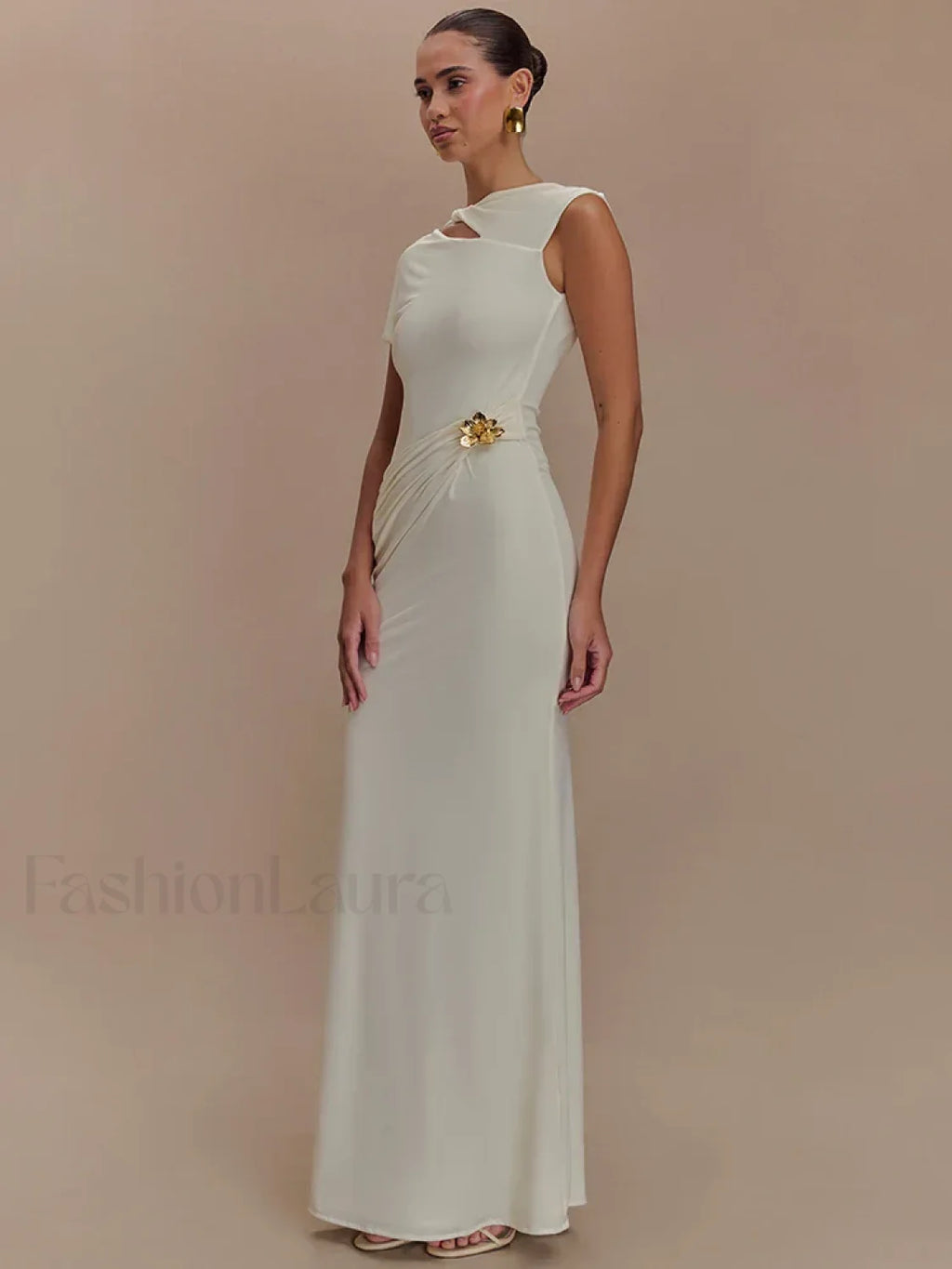 Gold Clasp Ruched Bodycon Maxi Dress