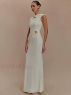 Gold Clasp Ruched Bodycon Maxi Dress