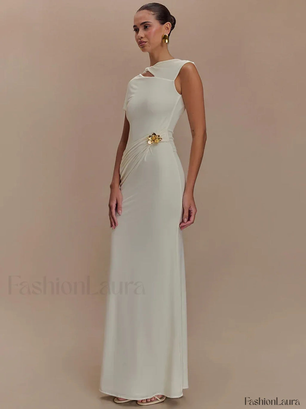 Gold Clasp Ruched Bodycon Maxi Dress