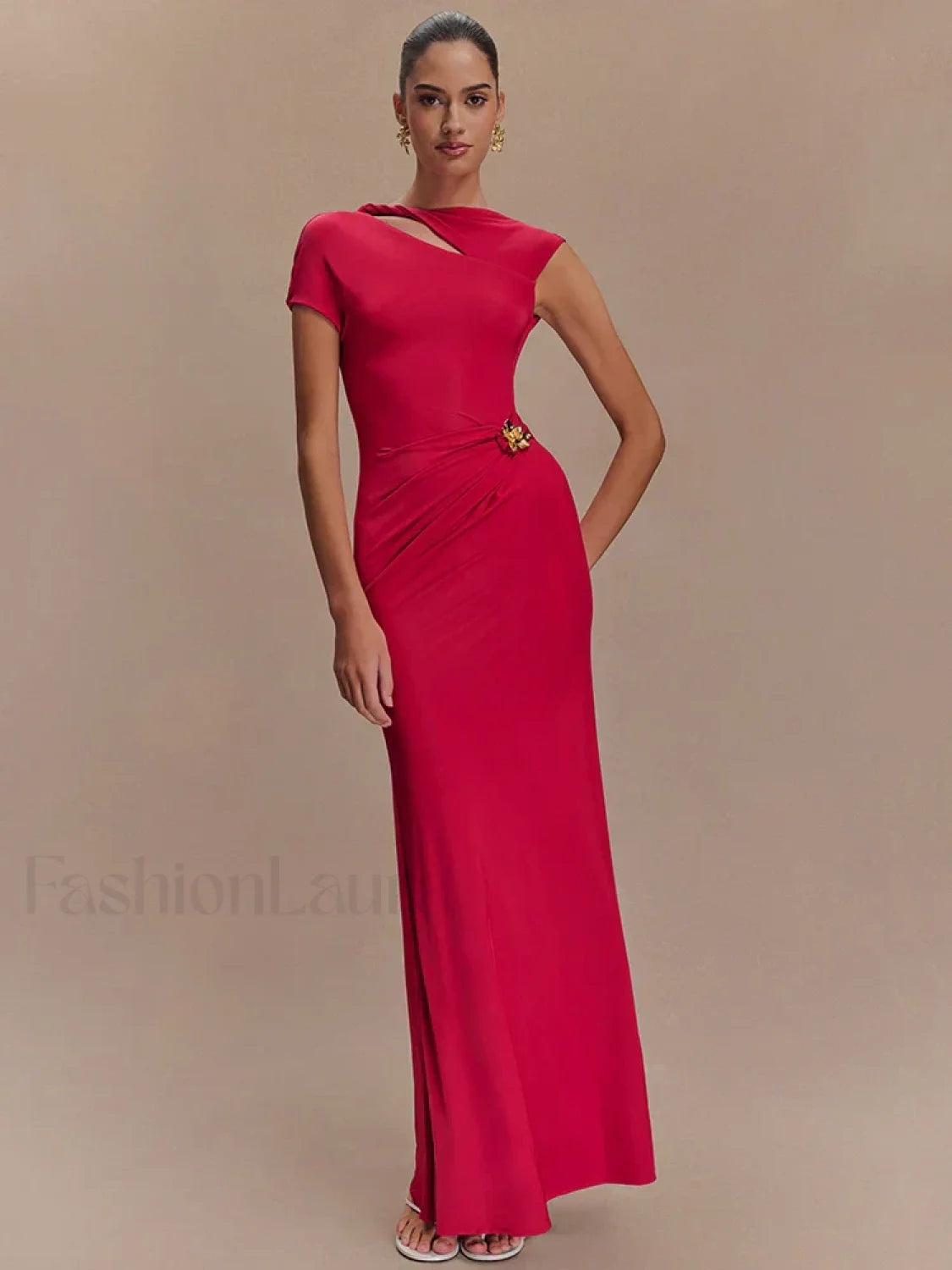 Gold Clasp Ruched Bodycon Maxi Dress Rose Red / S