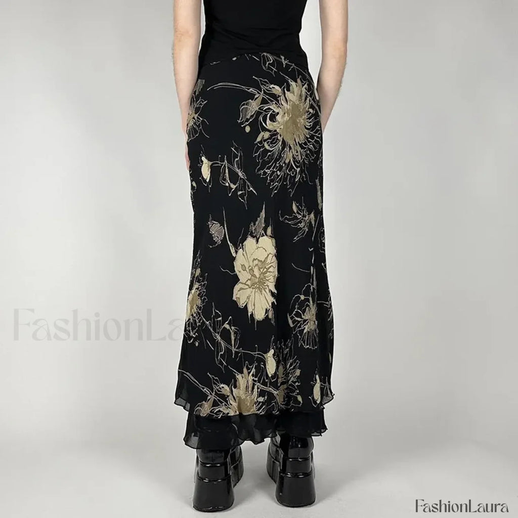 Goth Floral Double Layer Skirt Black / S