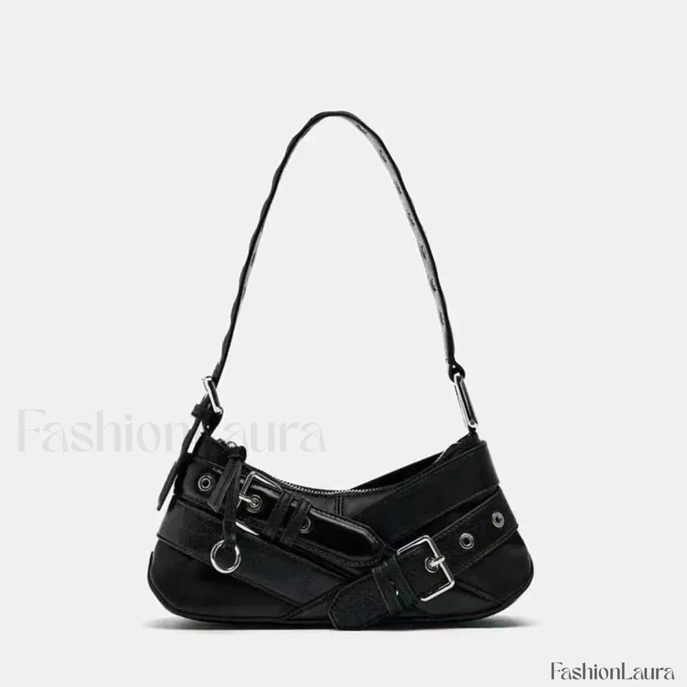 Goth Y2K Punk Rivet Chain School PU Leather Skeleton Fashion Women Backpack Bag Black / 11x27x8cm