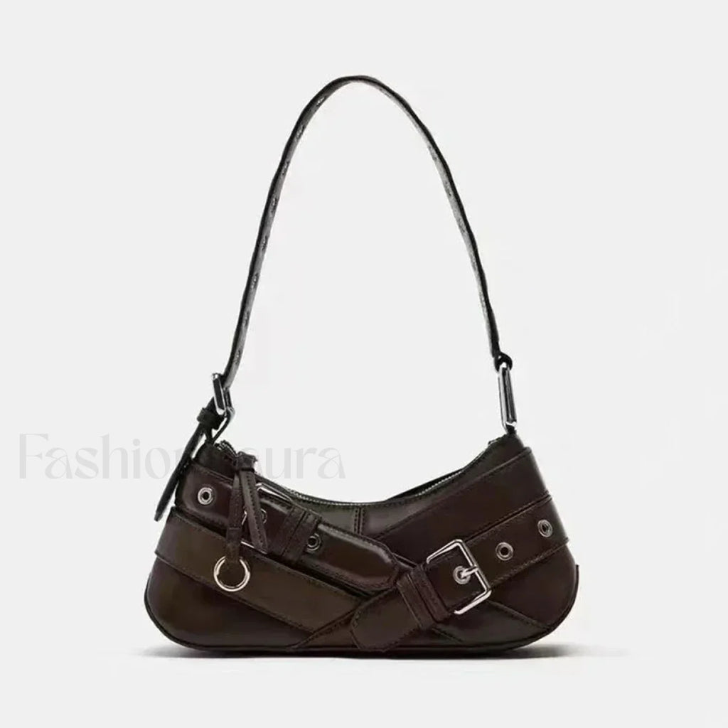 Goth Y2K Punk Rivet Chain School PU Leather Skeleton Fashion Women Backpack Bag coffee / 11x27x8cm