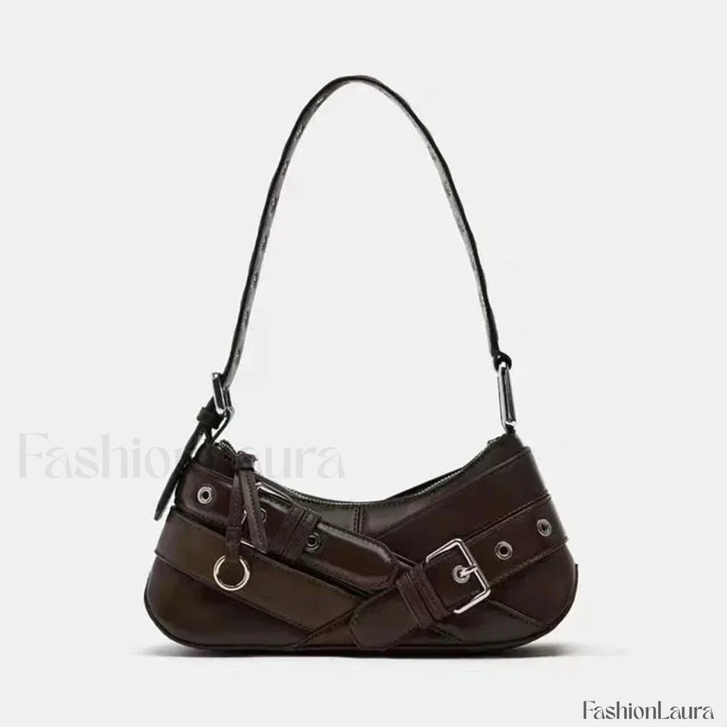 Goth Y2K Punk Rivet Chain School PU Leather Skeleton Fashion Women Backpack Bag coffee / 11x27x8cm