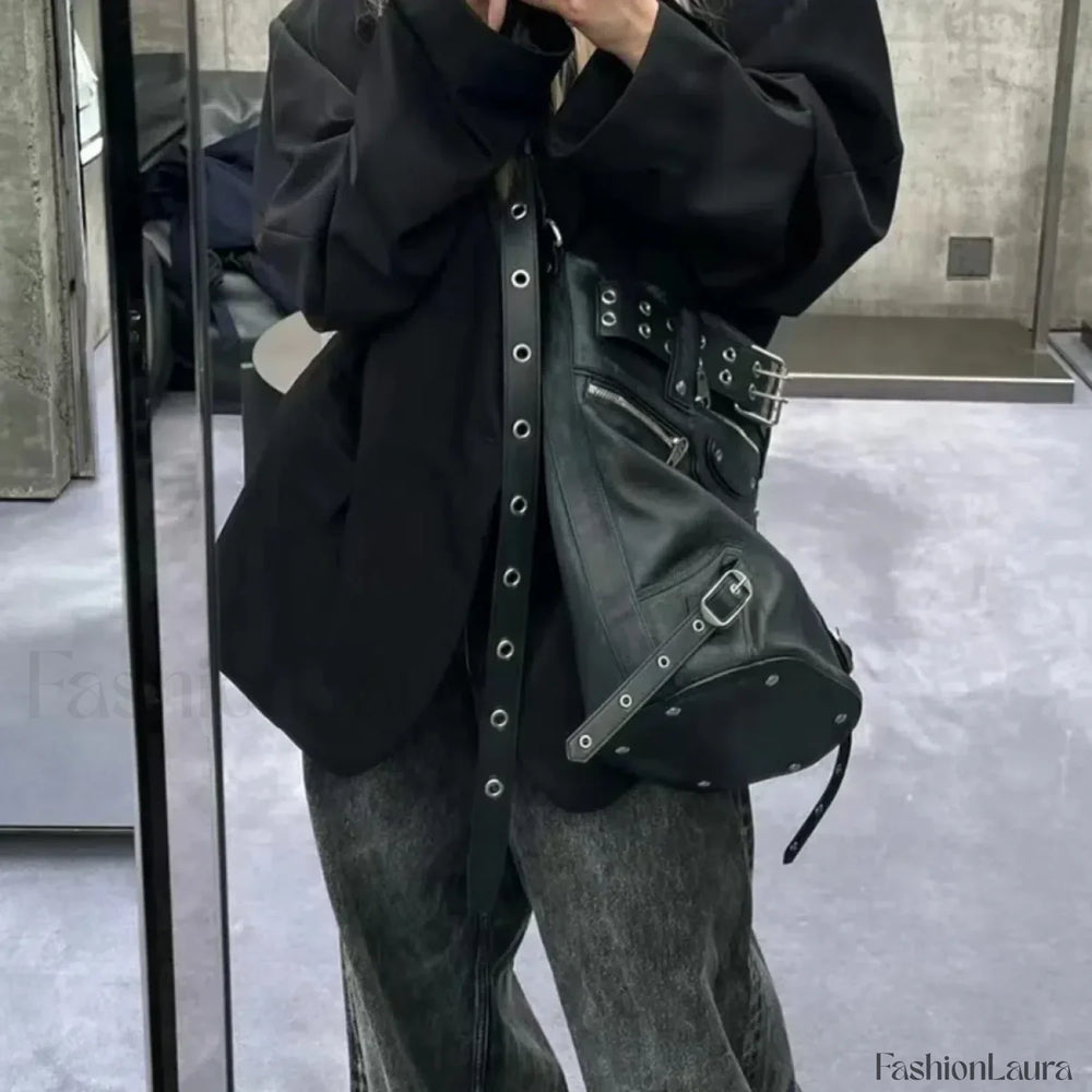 Gothic Big Metal Dark Chic Messenger Harajuku Cool Motobiker Rivets Volume Bag Black