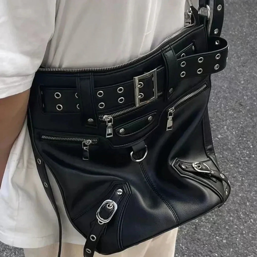 Gothic Big Metal Dark Chic Messenger Harajuku Cool Motobiker Rivets Volume Bag Black