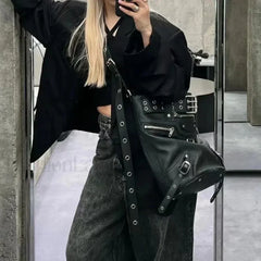 Gothic Big Metal Dark Chic Messenger Harajuku Cool Motobiker Rivets Volume Bag Black