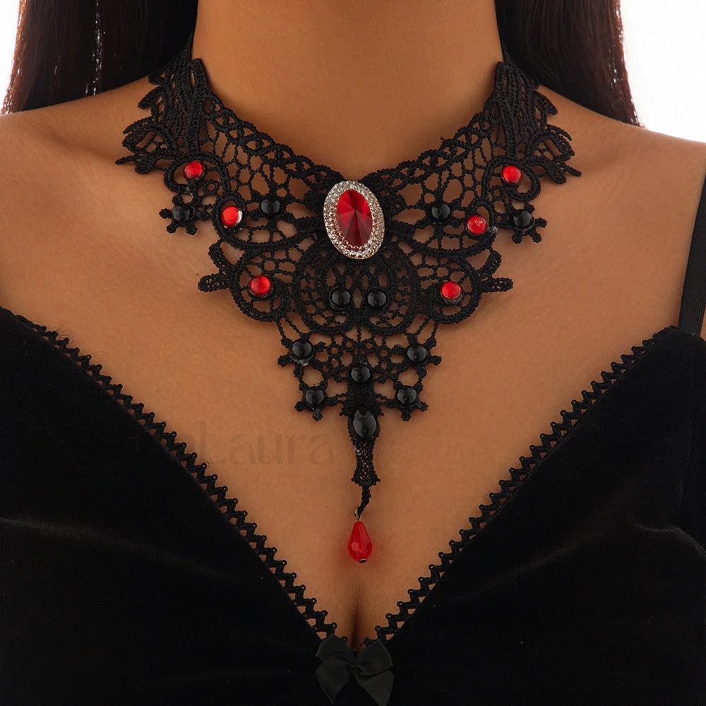 Gothic Blood Drop Gem Tassel Cross Necklace for Halloween BLACK