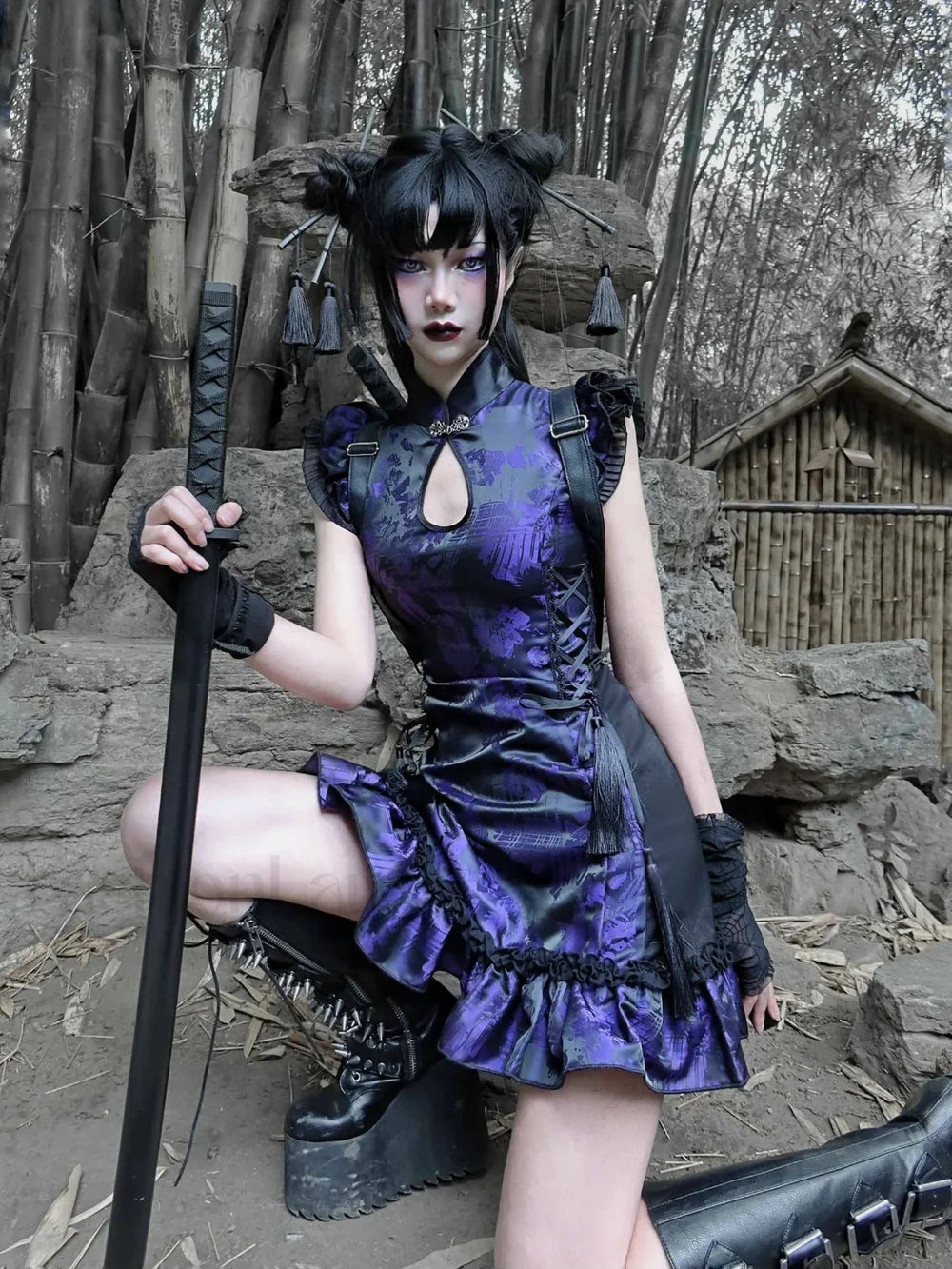 Gothic Cheongsam Chinese Tassels Collar Sleeveless Mini Slim Retro Sexy Strap Party Punk Stand Dress