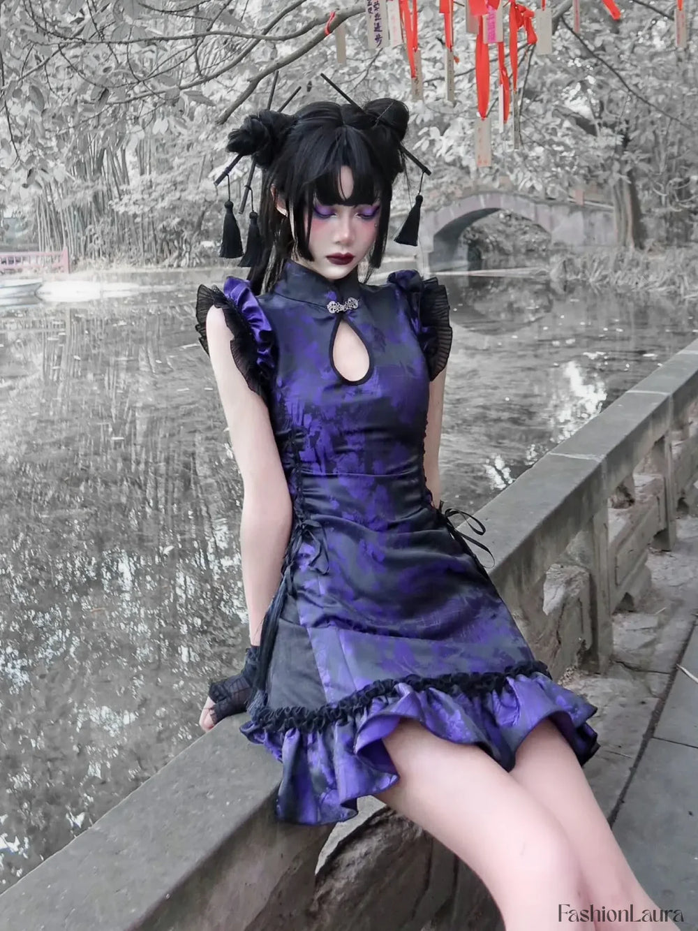 Gothic Cheongsam Chinese Tassels Collar Sleeveless Mini Slim Retro Sexy Strap Party Punk Stand Dress