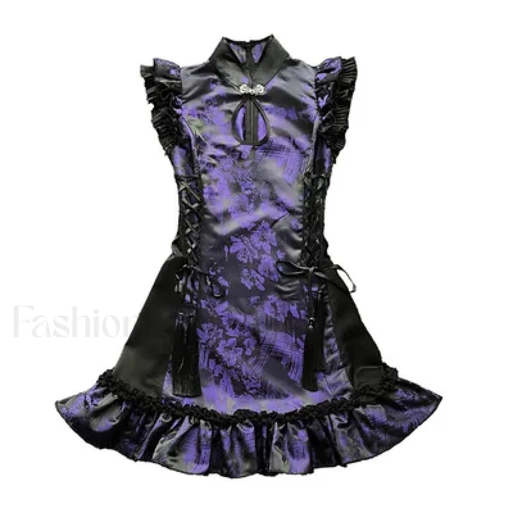 Gothic Cheongsam Chinese Tassels Collar Sleeveless Mini Slim Retro Sexy Strap Party Punk Stand Dress PURPLE / S