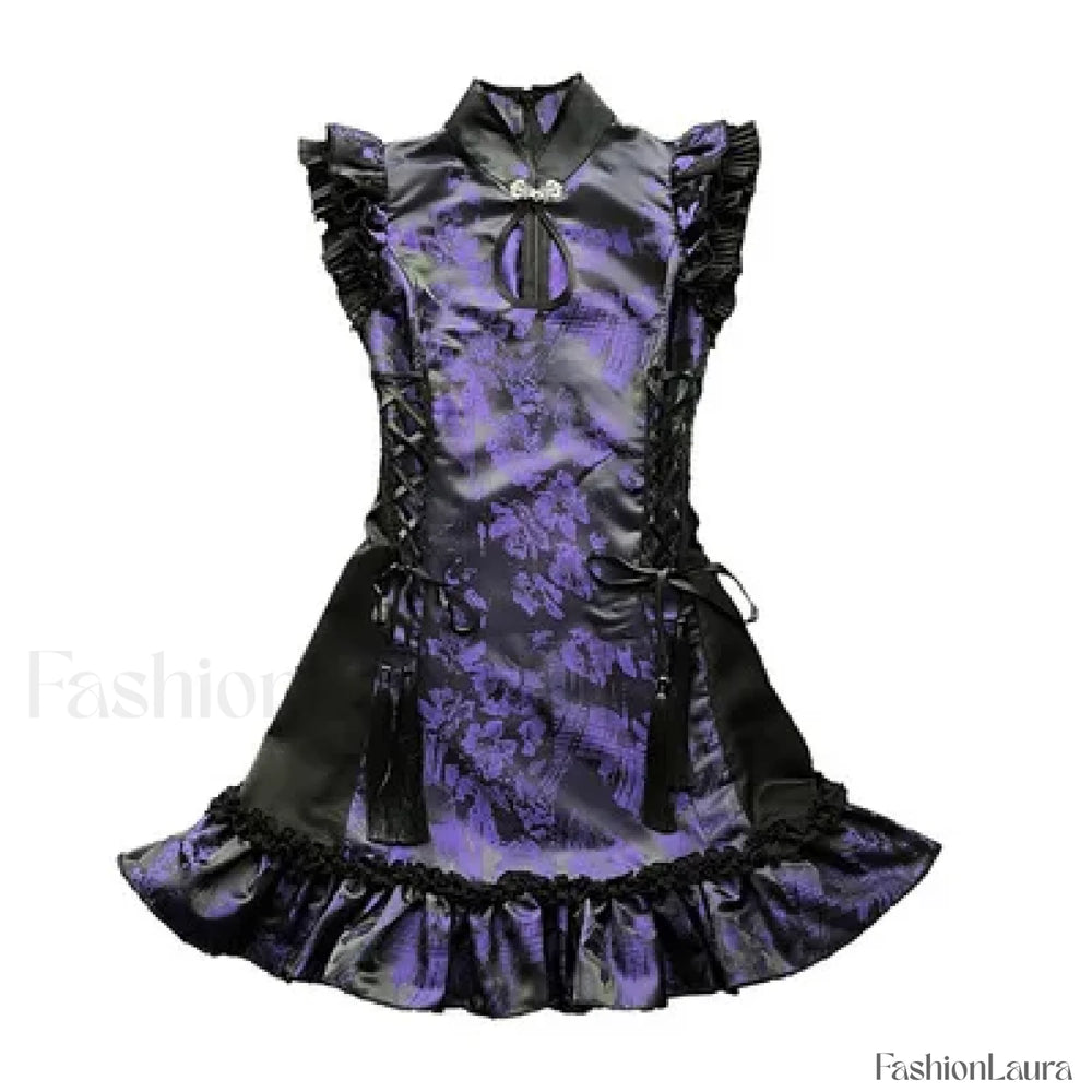 Gothic Cheongsam Chinese Tassels Collar Sleeveless Mini Slim Retro Sexy Strap Party Punk Stand Dress PURPLE / S