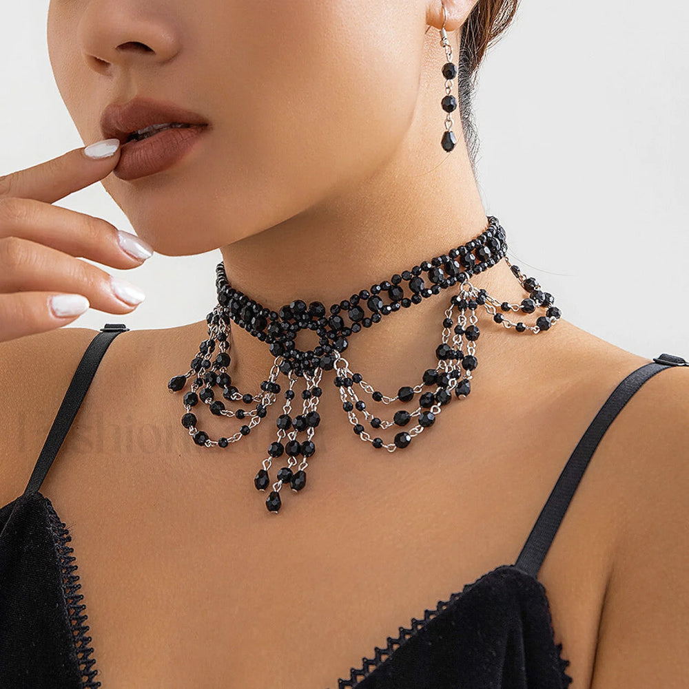 Gothic Choker Crystal Woven Beaded Necklace WHITE