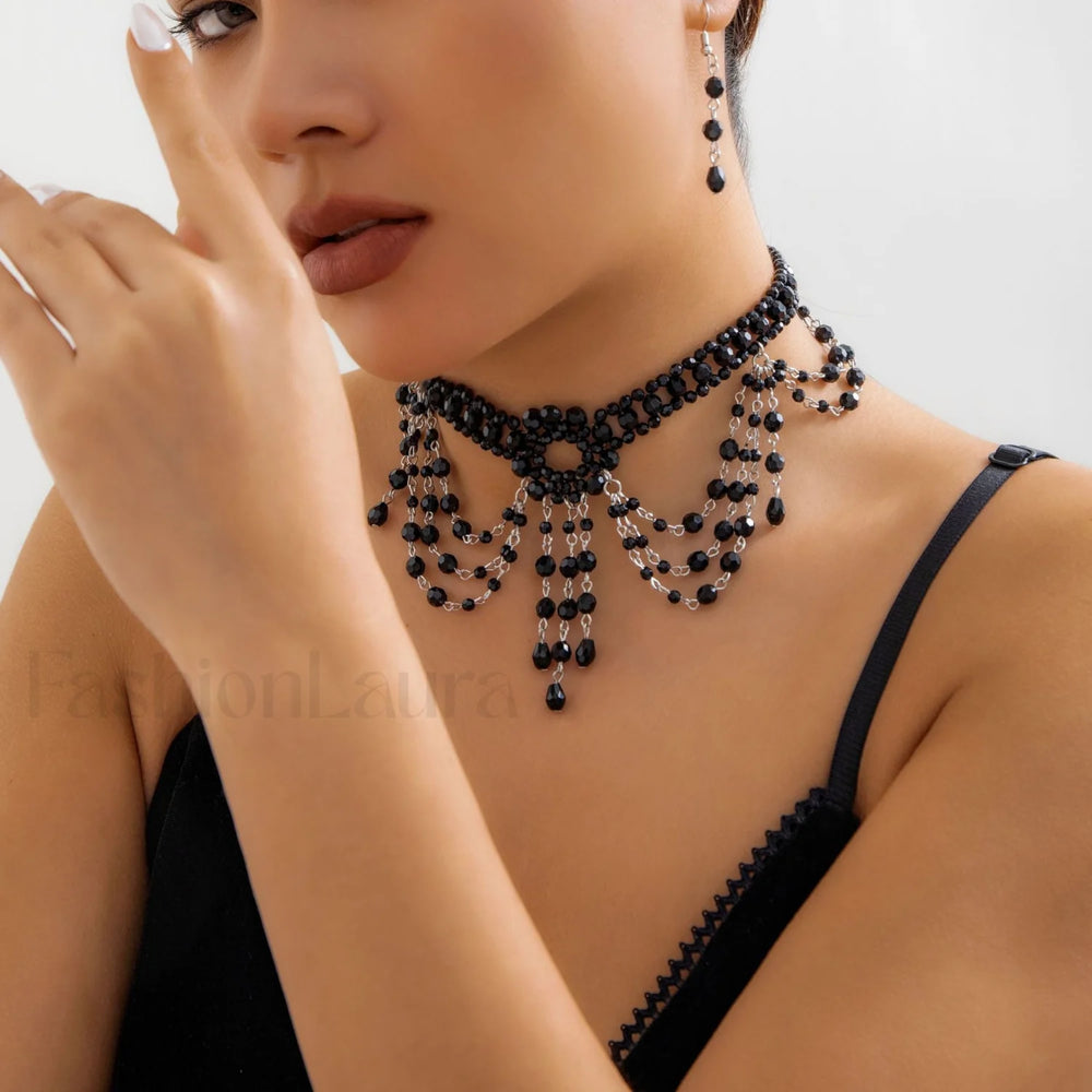 Gothic Choker Crystal Woven Beaded Necklace WHITE