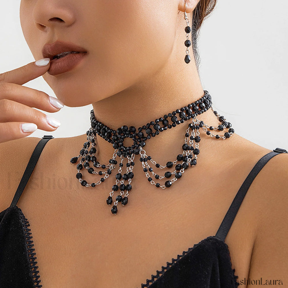 Gothic Choker Crystal Woven Beaded Necklace WHITE