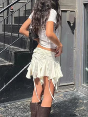 Gothic Duck Tie Up Ruched Skirt Beige / S