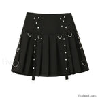 Gothic Harajuku Short Pleated Skirt with Rivet Metal Buckles and Streamer Low Waist Style BLACK / S
