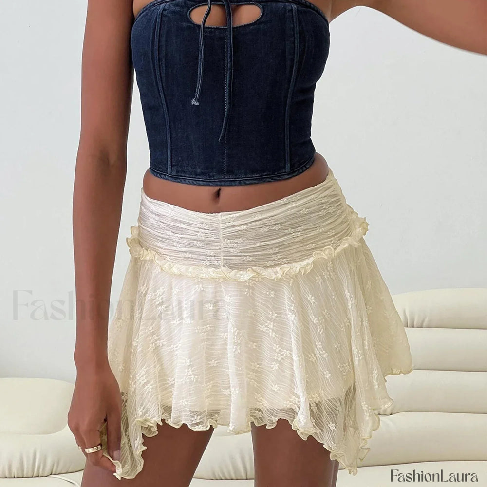 Gothic Lace Ruched Mini Skirt Beige / S