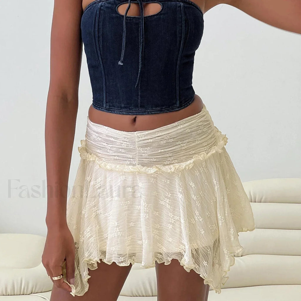 Gothic Lace Ruched Mini Skirt Beige / S