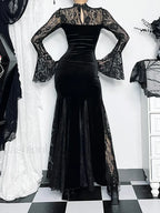 Gothic Mermaid Bodycon Long Maxi Fishtail Sleeve Lace Cocktail Ruched Dress