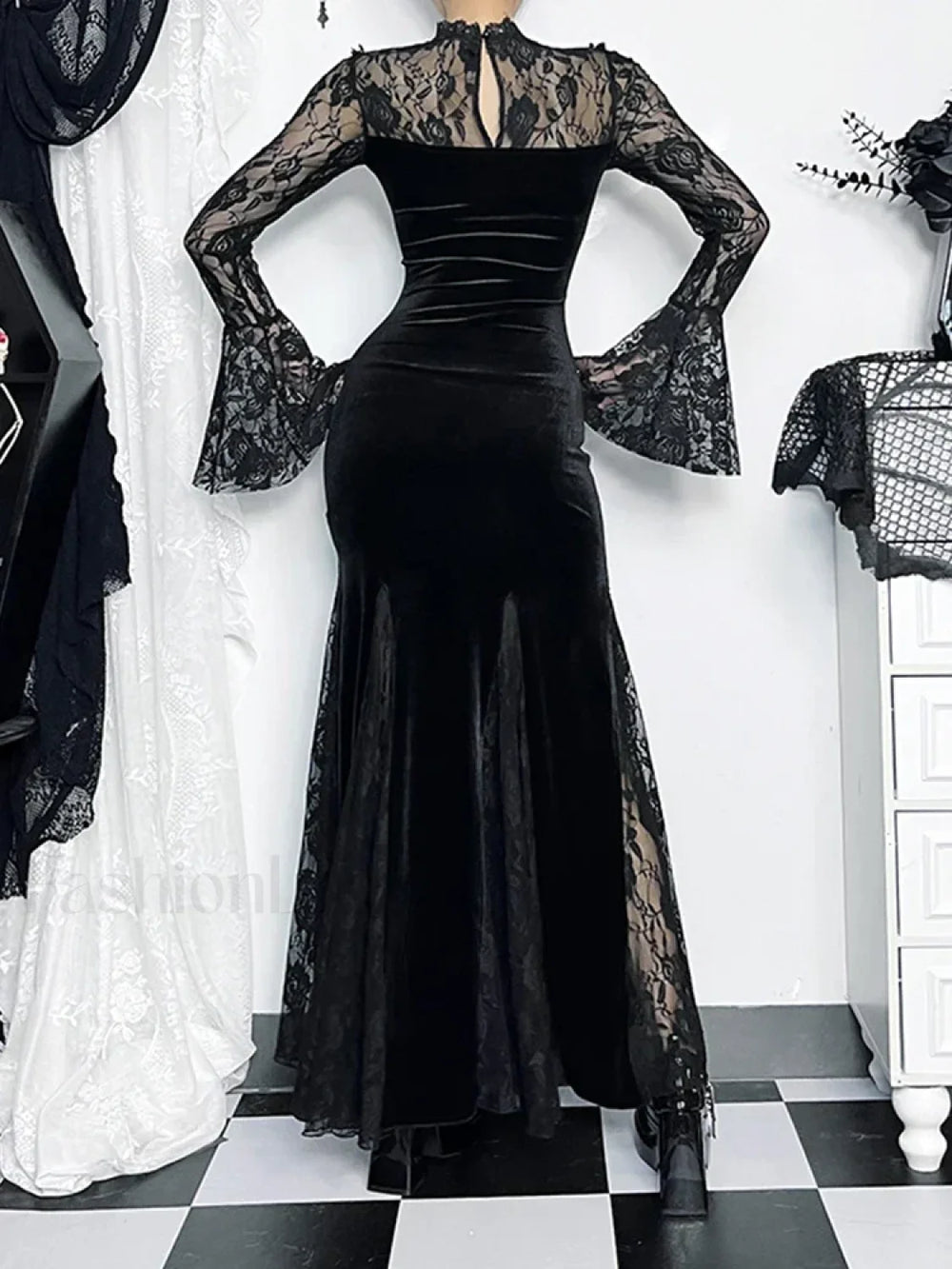 Gothic Mermaid Bodycon Long Maxi Fishtail Sleeve Lace Cocktail Ruched Dress