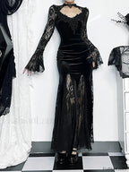 Gothic Mermaid Bodycon Long Maxi Fishtail Sleeve Lace Cocktail Ruched Dress