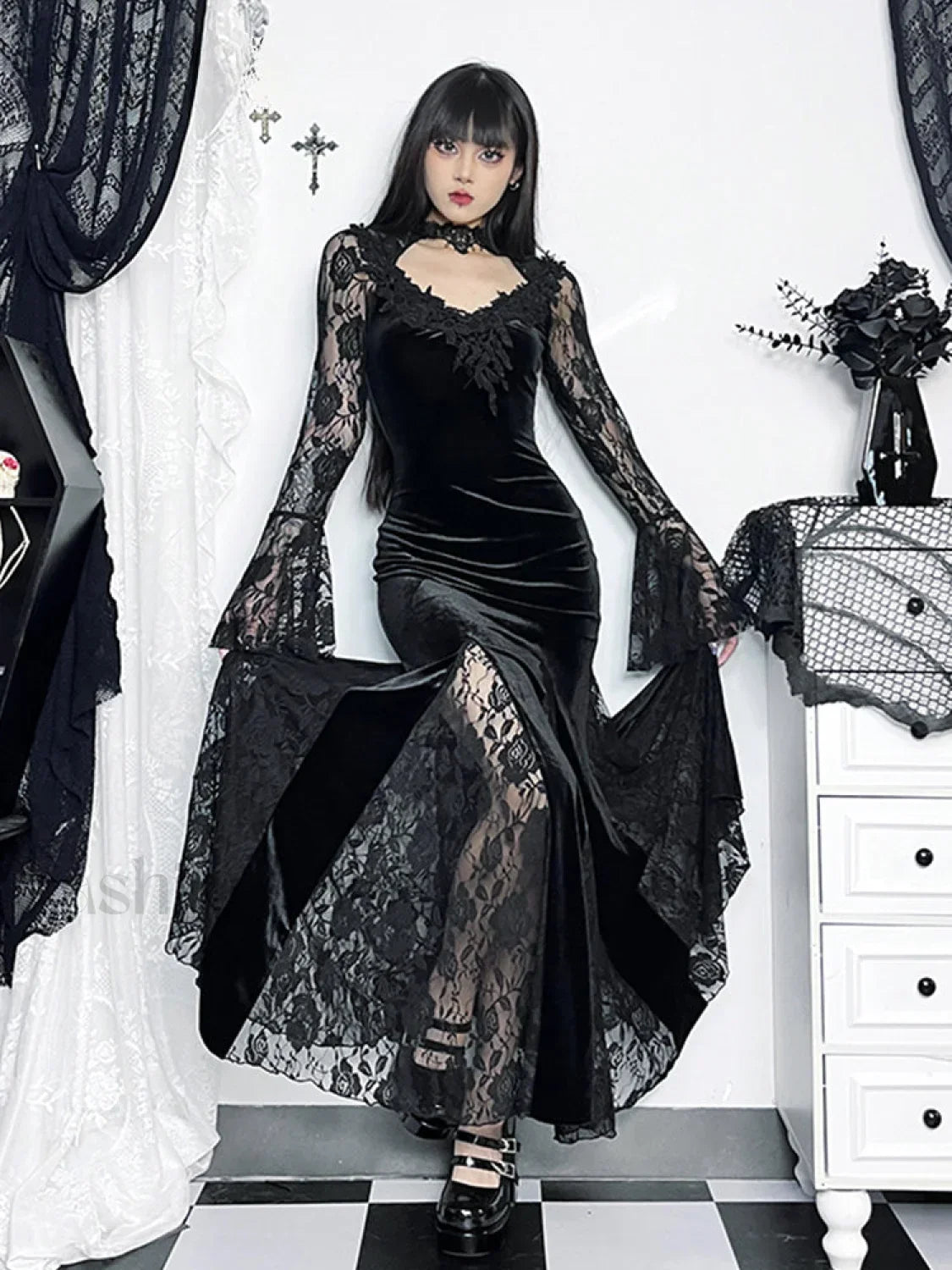 Gothic Mermaid Bodycon Long Maxi Fishtail Sleeve Lace Cocktail Ruched Dress Main image