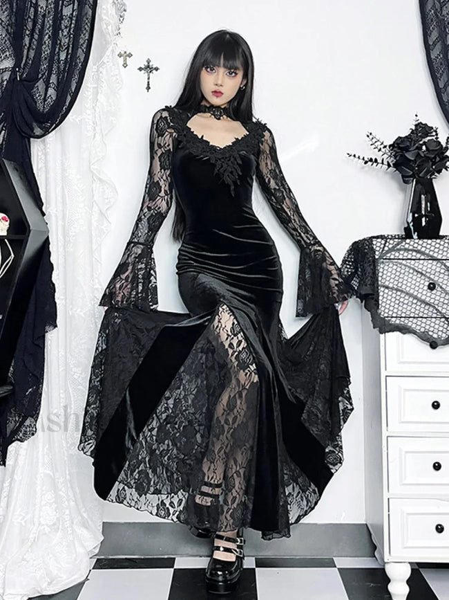 Gothic Mermaid Bodycon Long Maxi Fishtail Sleeve Lace Cocktail Ruched Dress Main image