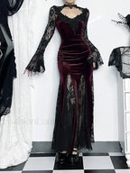 Gothic Mermaid Bodycon Long Maxi Fishtail Sleeve Lace Cocktail Ruched Dress Claret / S