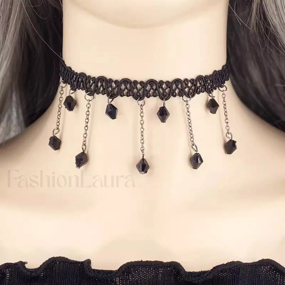 Gothic Retro Black Lace Tassel Collar Choker Necklace BLACK