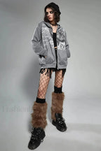 Gothic Wing Print Zip Up Hoodie