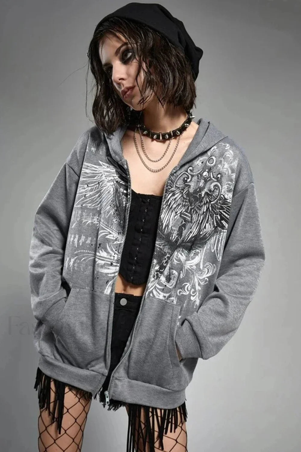 Gothic Wing Print Zip Up Hoodie
