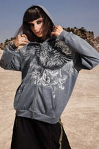 Gothic Wing Print Zip Up Hoodie Grey / S