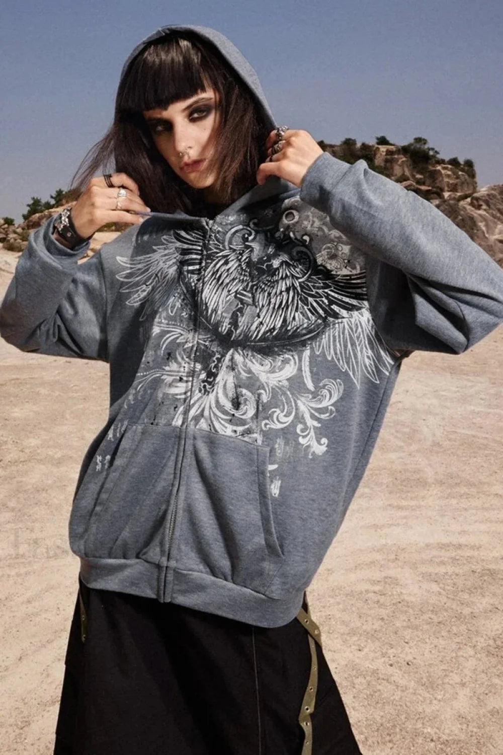 Gothic Wing Print Zip Up Hoodie Grey / S