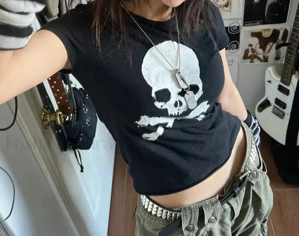 Gothic Y2k Aesthetic Skull Print T Shirt