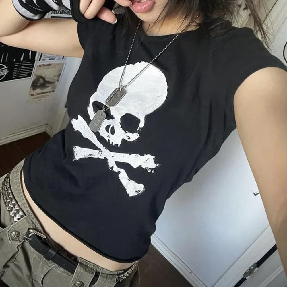 Gothic Y2k Aesthetic Skull Print T Shirt Black / S