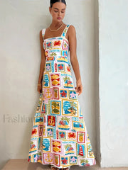 Graffiti Print Sleeveless Long Dress Multicolor / XS Floral Dresses