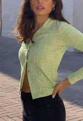 Green Lapel Print Button Blouse Shirts