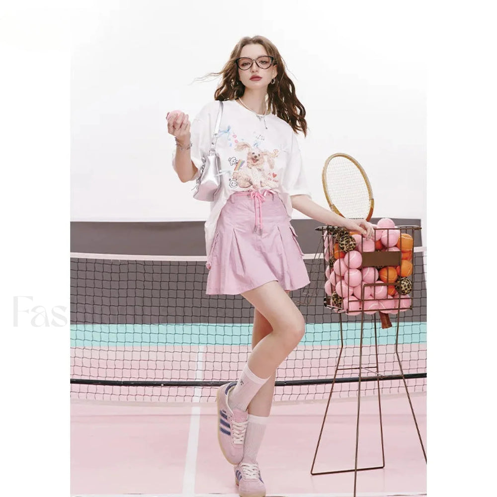 Green Pleated Sporty A Line Skirt Pink / S