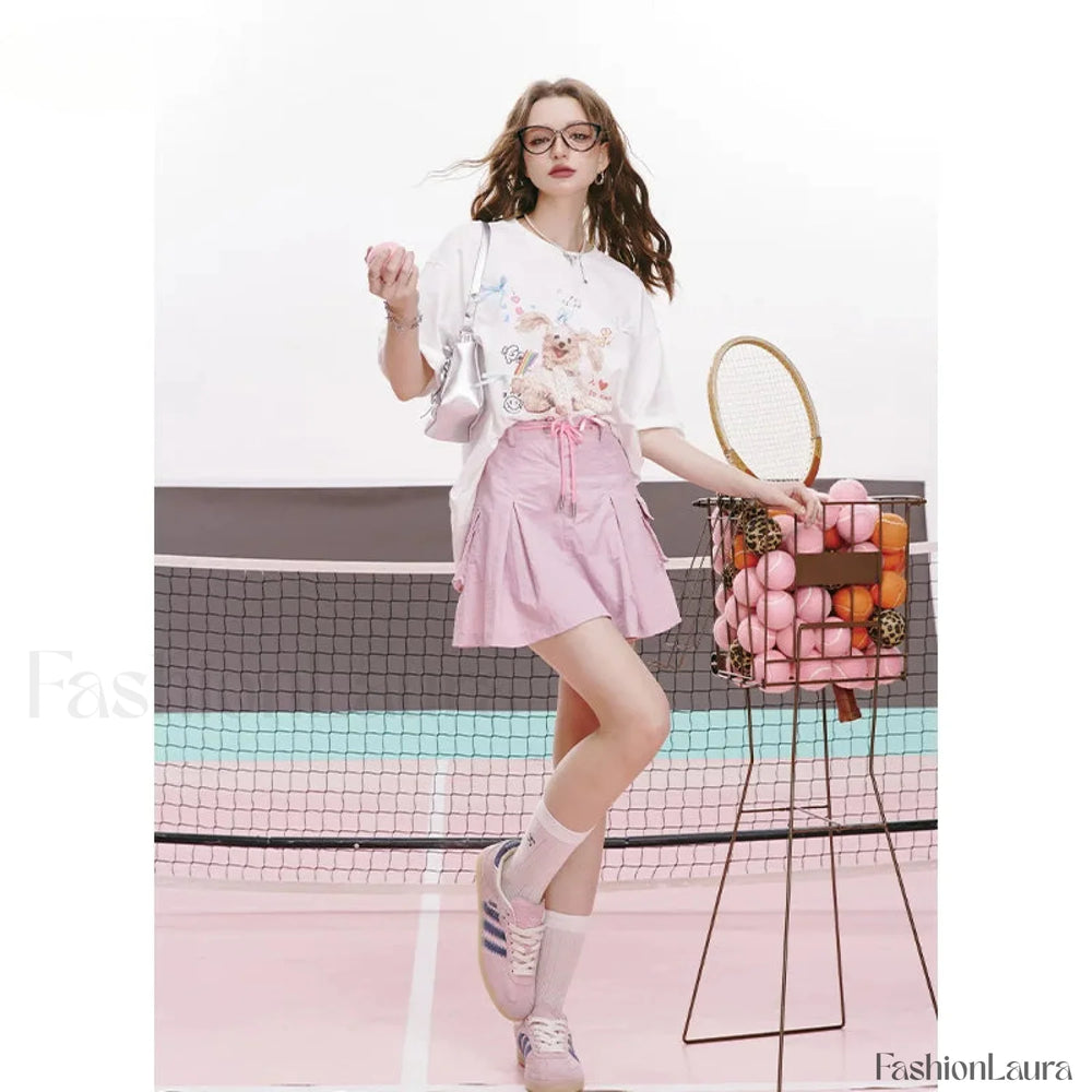 Green Pleated Sporty A Line Skirt Pink / S