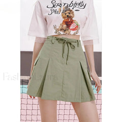 Green Pleated Sporty A Line Skirt Green / S