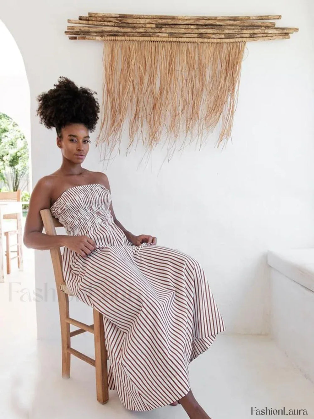 Green Striped Strapless Sexy Slim Beach Casual Maxi Dress Brown / S