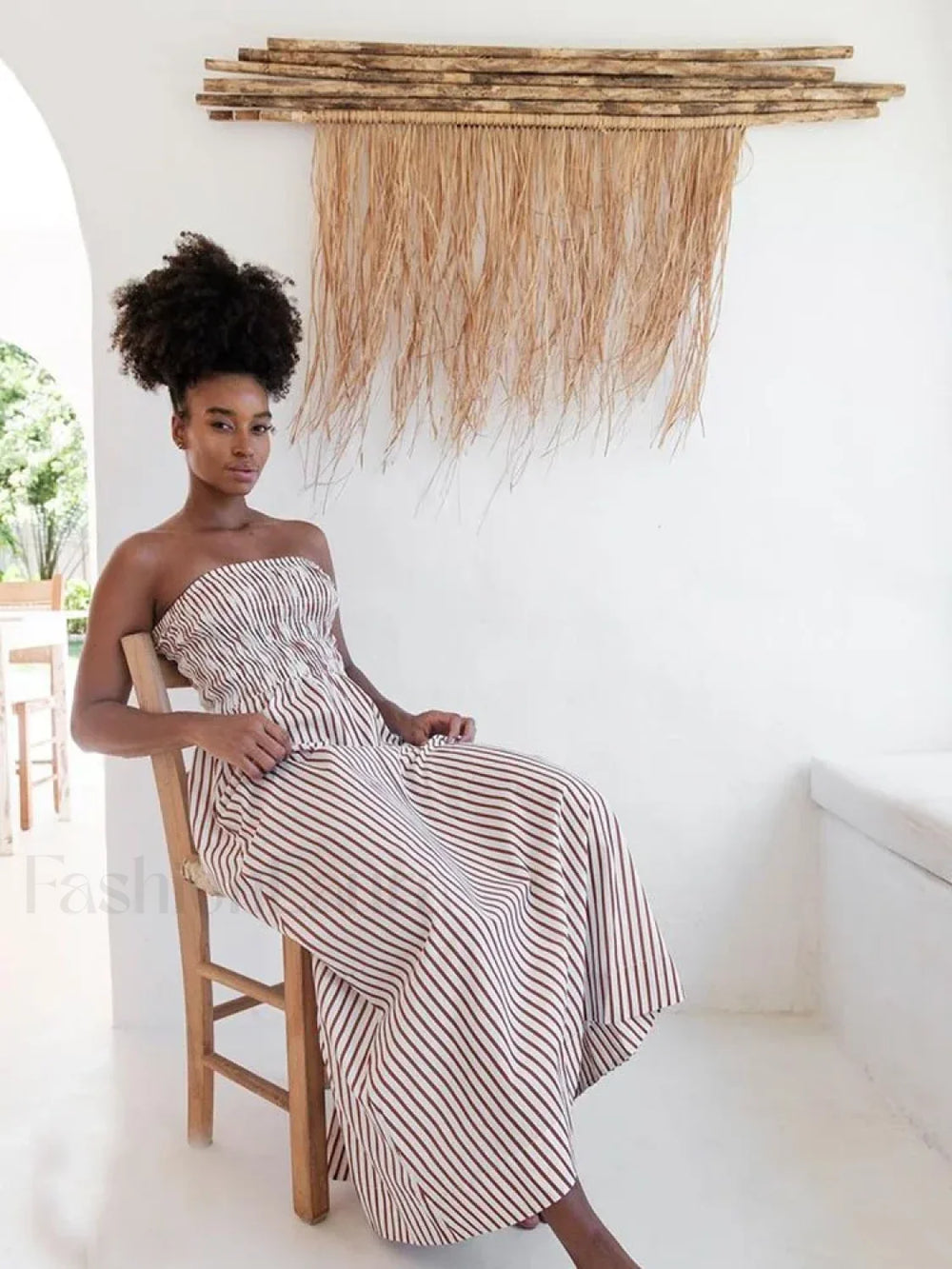 Green Striped Strapless Sexy Slim Beach Casual Maxi Dress Brown / S