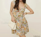 Green V Neck A Line Floral Dress MULTI / S