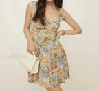 Green V Neck A Line Floral Dress MULTI / S