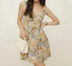 Green V Neck A Line Floral Dress MULTI / S