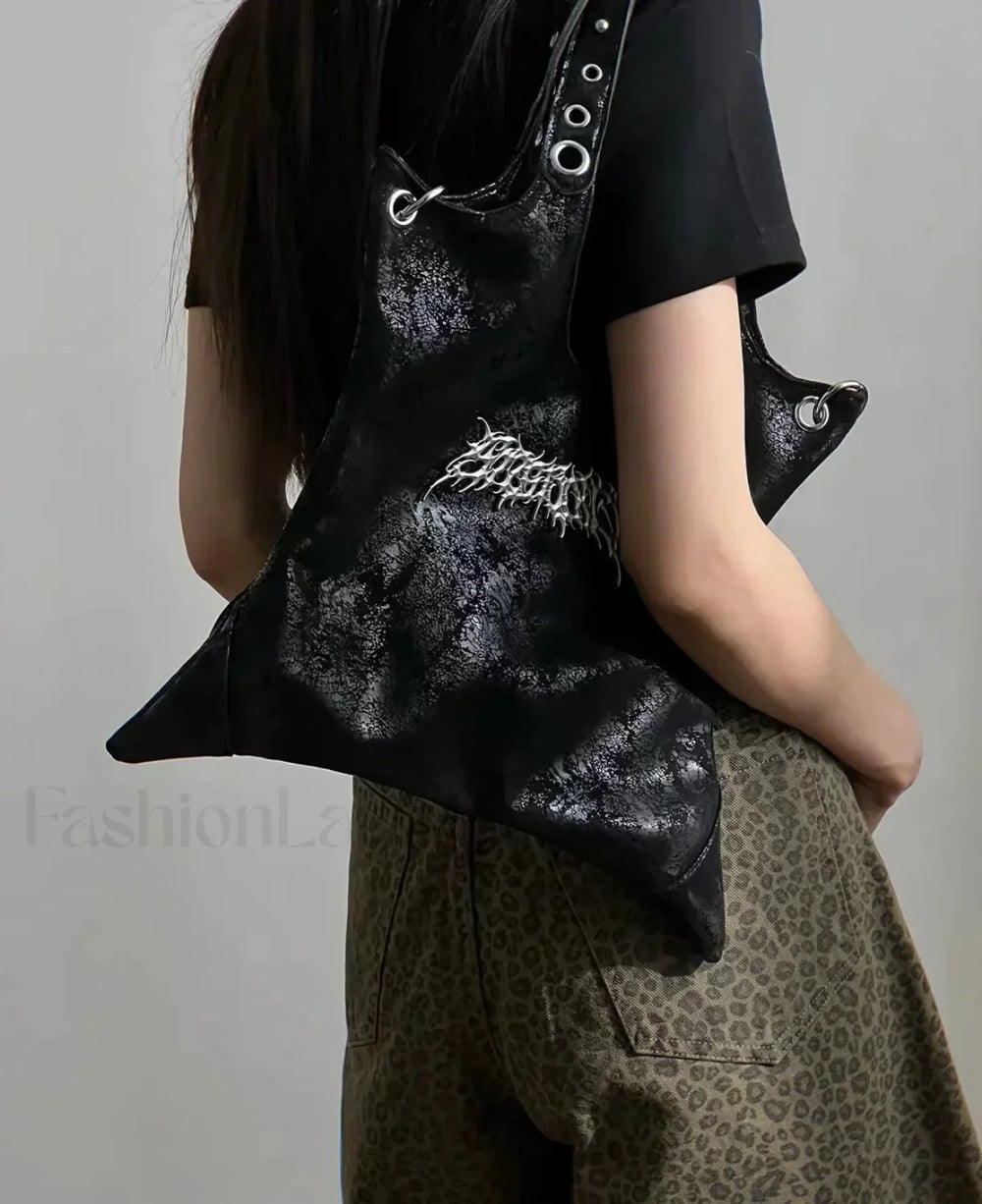 Grunge Black Rivet Large Capacity Dark Leather PU Vintage Gothic Messenger Bag Black