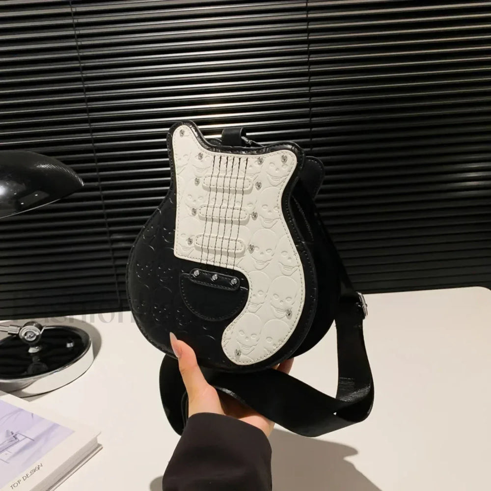 Guitar Crossbody Shape Halloween Trend 2024 Party Gothic Sling Shoulder Bag Black / (20cm