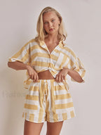 Half Sleeve Collar Pajama Shorts Two Piece Set