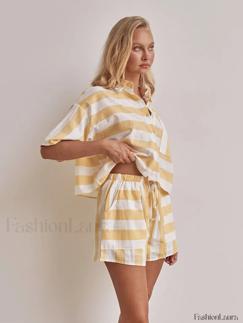 Half Sleeve Collar Pajama Shorts Two Piece Set